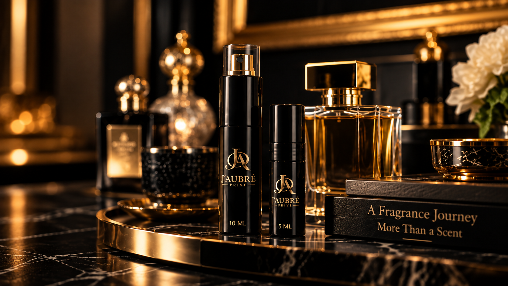 Luxurious collection of black and gold perfume bottles and containers on a black marble surface with gold accents, decorative jar, and a book titled 'A Fragrance Journey More Than a Scent' with floral decor in the background.