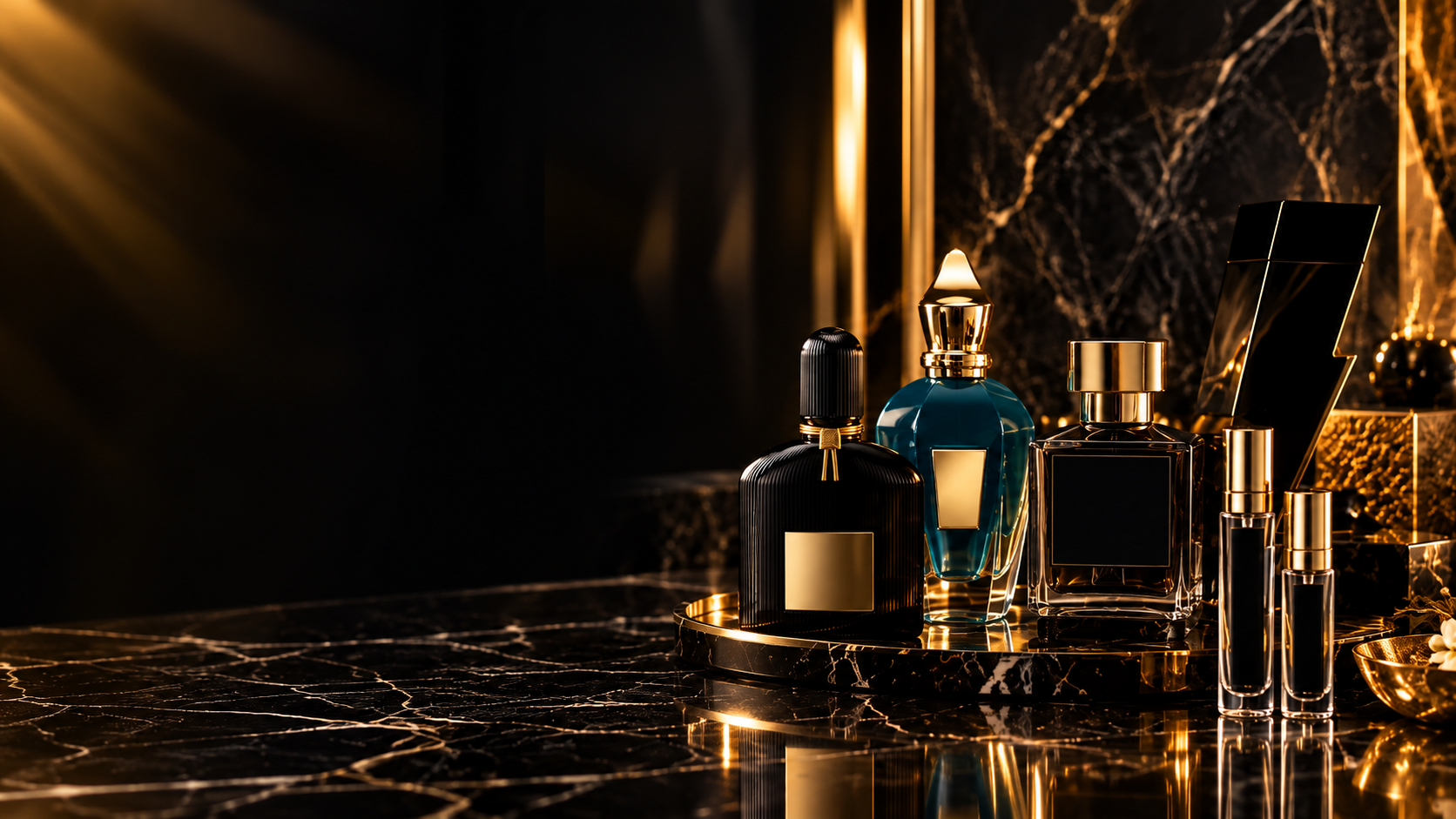 Luxurious collection of perfume bottles and cosmetics on a black marble surface with gold accents and a dark, elegant background.