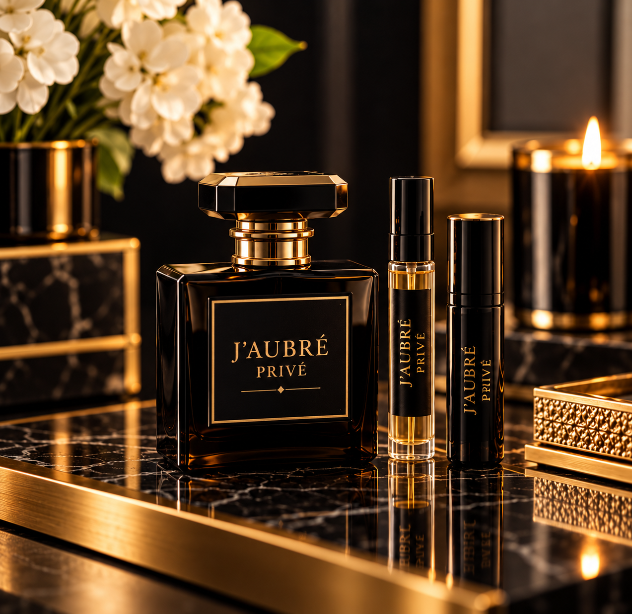 Luxury perfume bottles labeled J'AUBRé PRIVÉ, black and gold design, on a black marble surface with gold accents, with a flower arrangement and lit candle in the background.