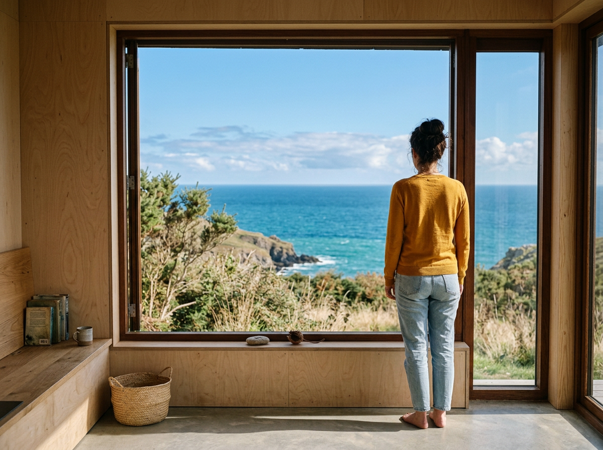 Femme de dos regardant la mer par une fenêtre ouverte, évoquant l'introspection et la quête de sens
