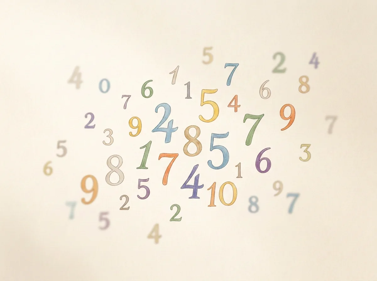 Chiffres de différentes tailles et couleurs parsemés sur fond beige, illustration de la numérologie humaniste et de ses symboles