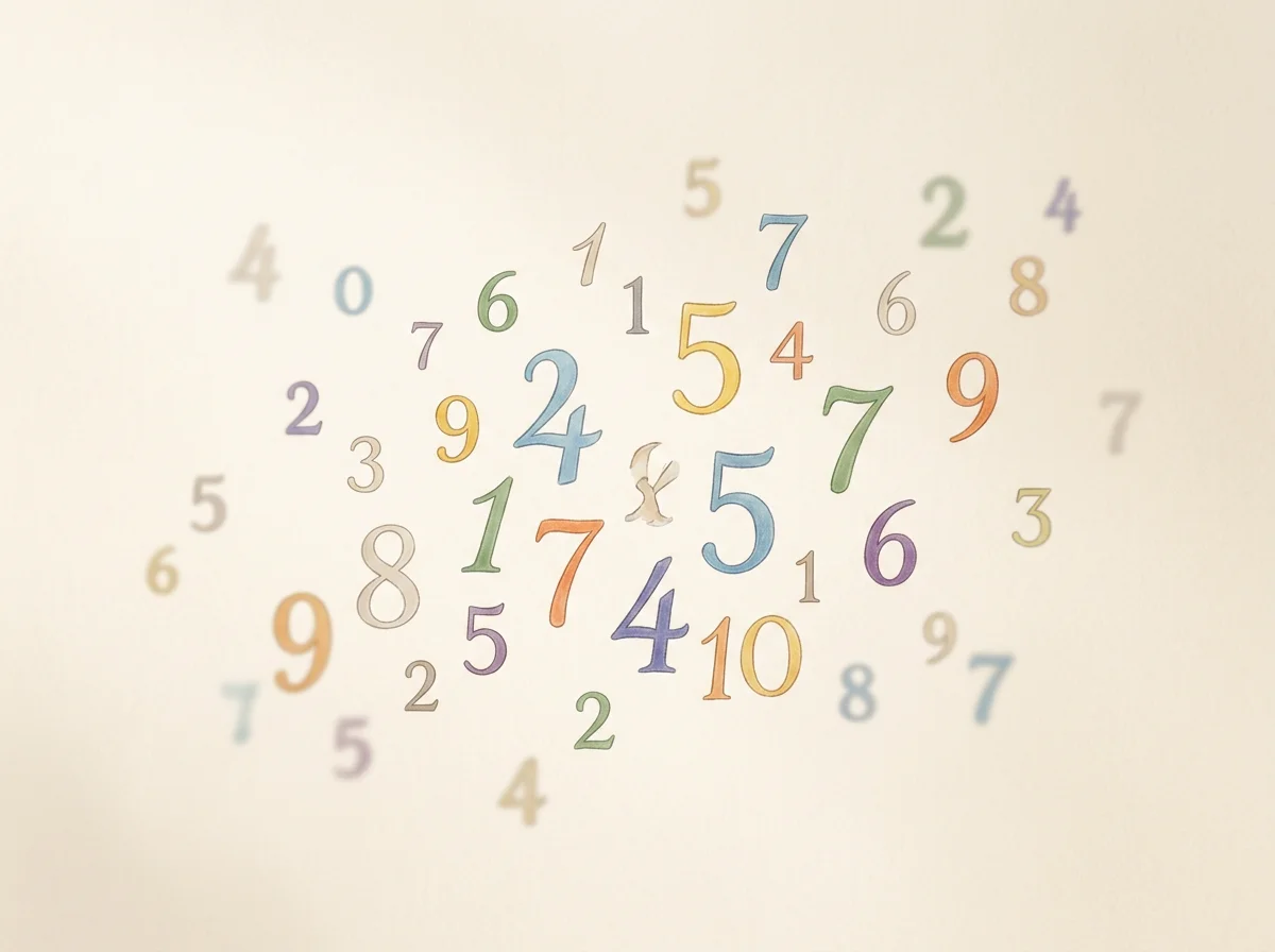 Chiffres de différentes tailles et couleurs parsemés sur fond beige, illustration de la numérologie humaniste et de ses symboles