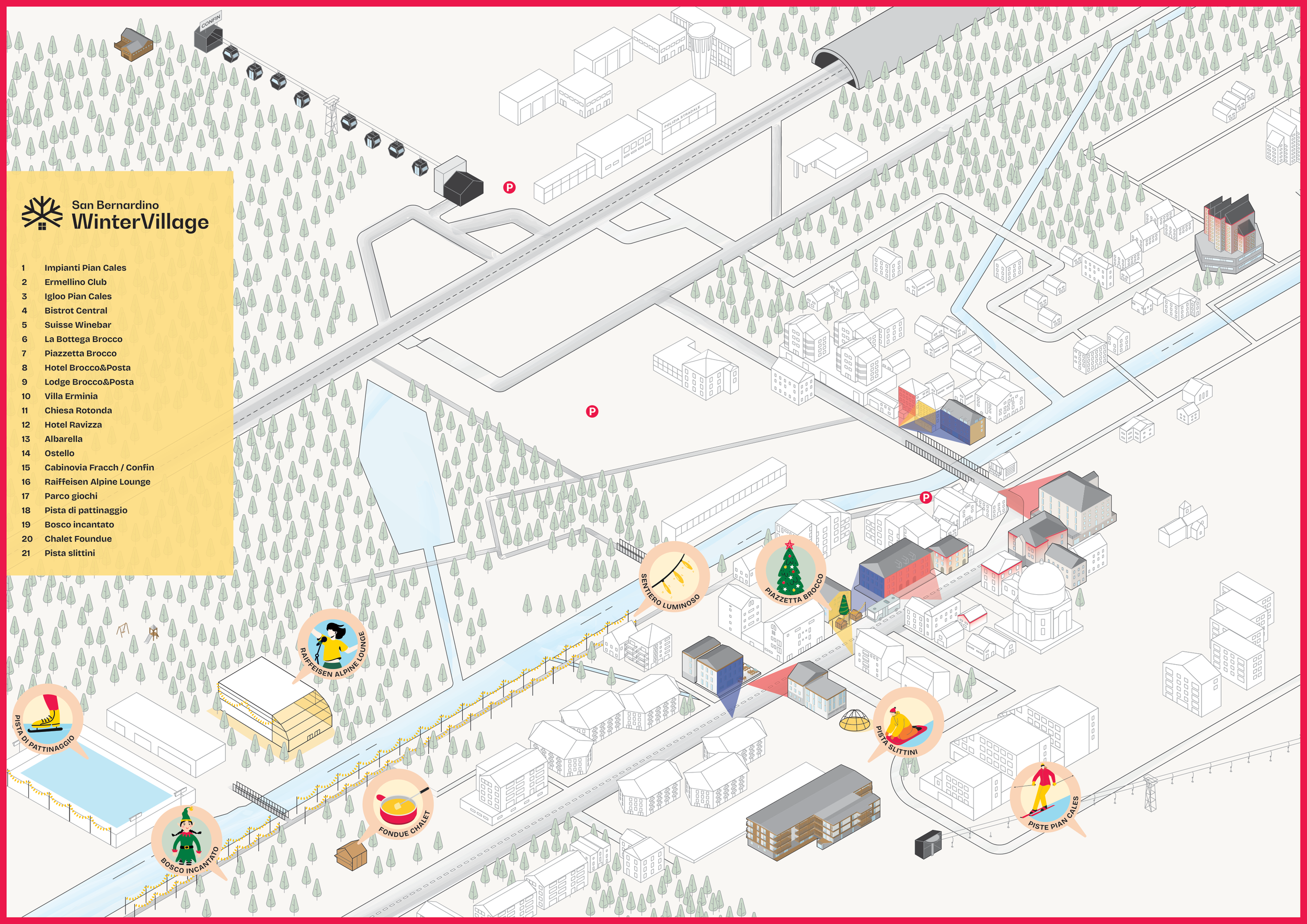 Mappa del San Bernardino Winter Village con i luoghi numerati