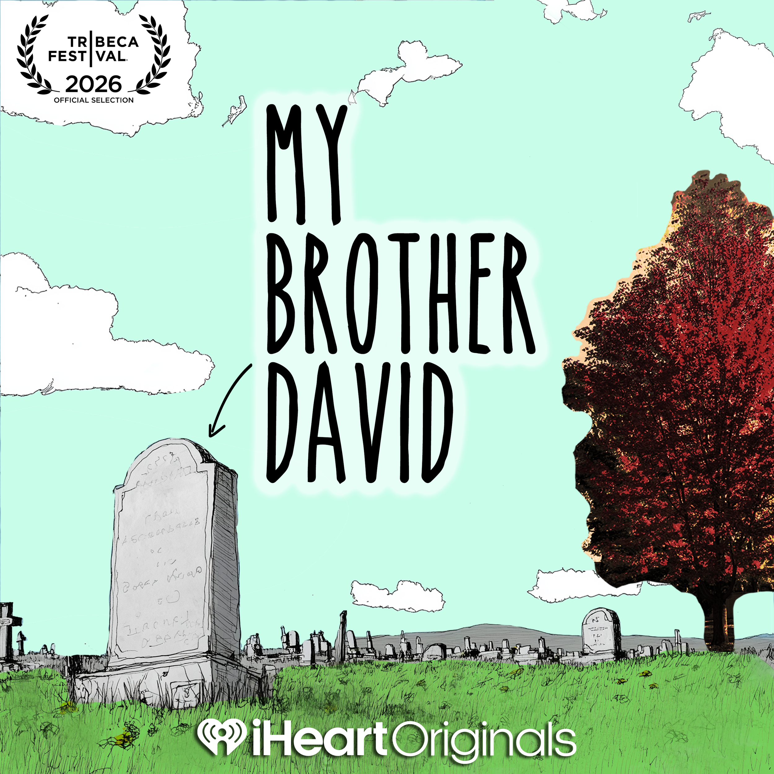 A digital illustration of a cemetery scene with various tombstones and grave markers, surrounded by green grass and foliage. The background includes a city skyline with tall buildings and a bright sky, along with some clouds. The illustration features the text "MY BROTHER DAVID" in large black letters and a logo for iHeartOriginals.