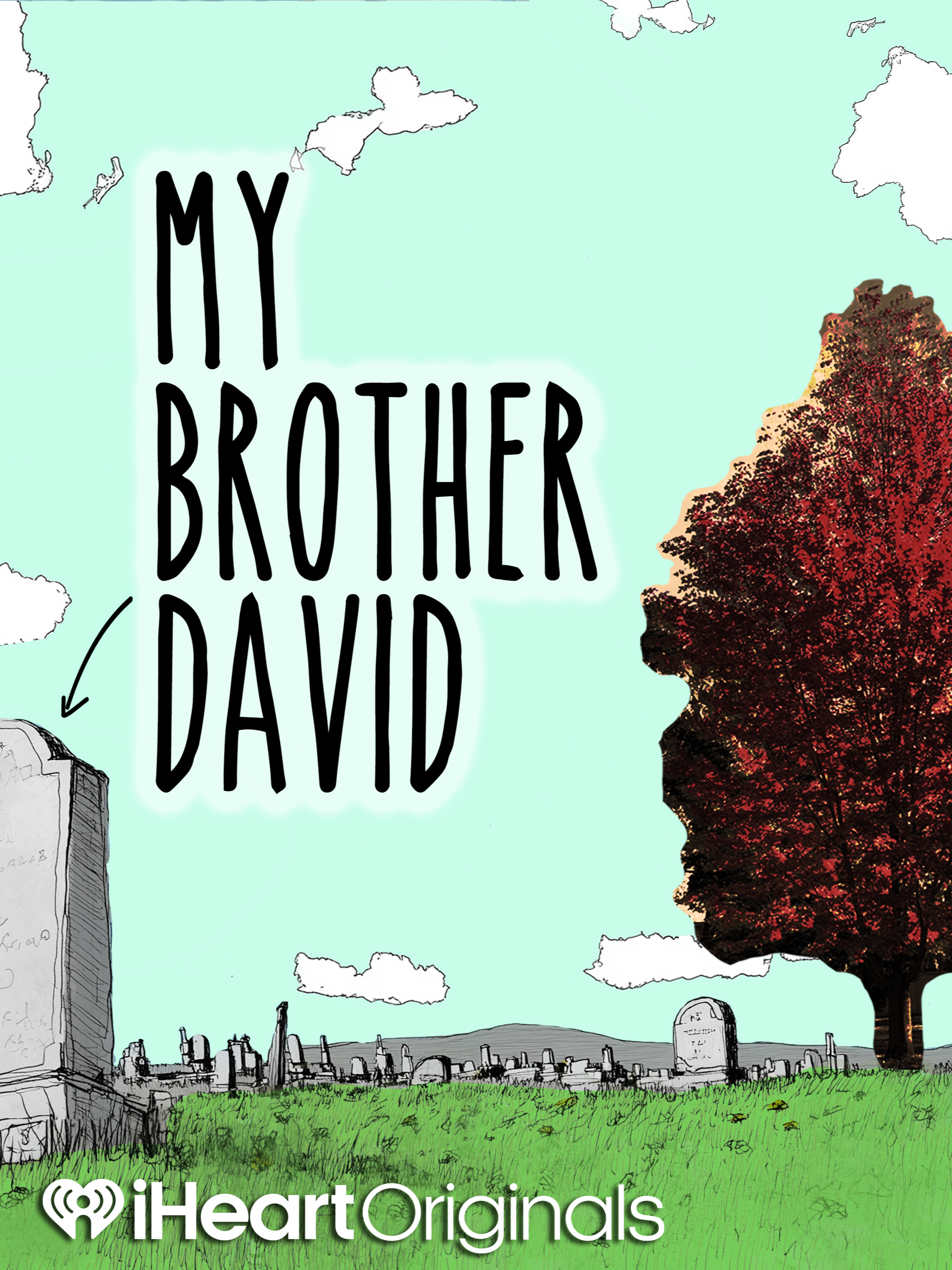 A drawing of a cemetery with tombstones, a red and black autumn trees on the right, a blue sky with clouds, and a cityscape in the background. The words 'My Brother David' are written prominently on the left side of the image, and the bottom features the iHeartOrigins logo.