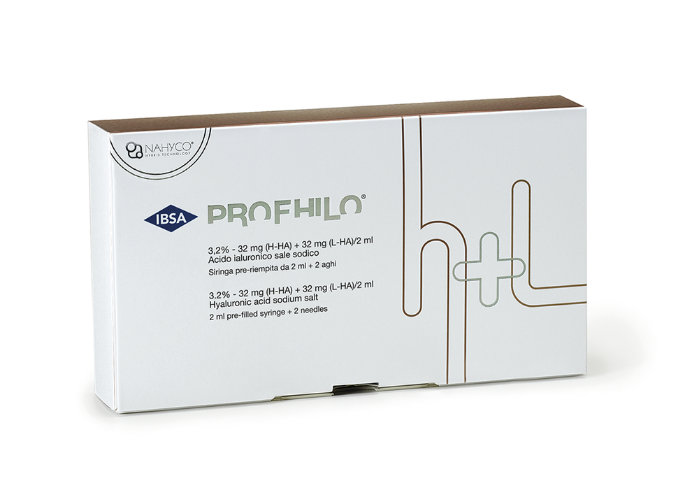 Profhilo product box featuring hyaluronic acid sodium salt composition, 2ml pre-filled syringe with two needles by IBSA, branded with NAHYCO technology.