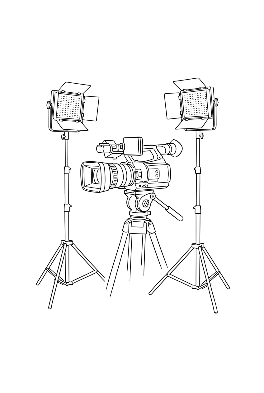 A professional camera mounted on a tripod, surrounded by two studio lights on stands with barn doors, set up for filming or photography.