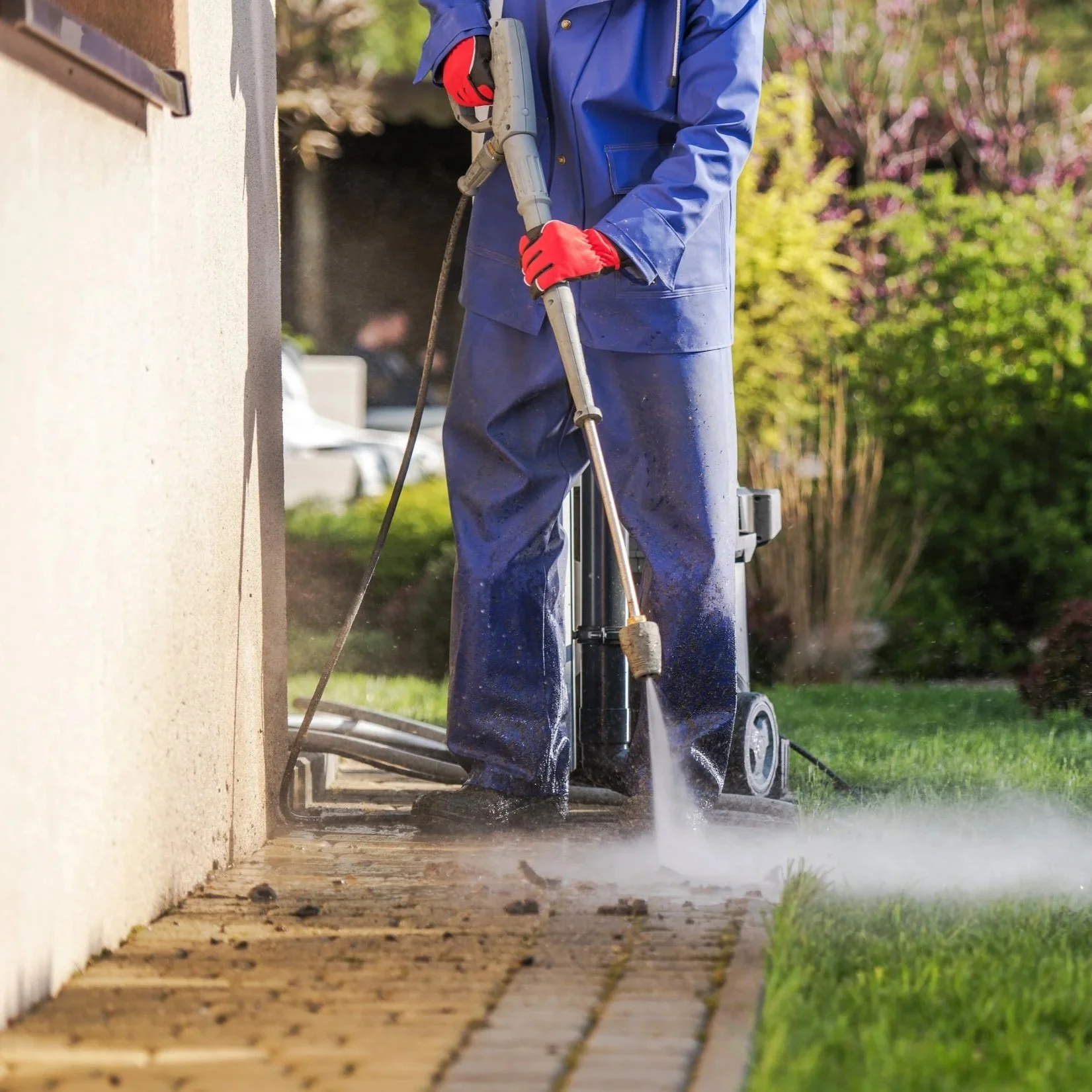 Handwerker mit blauer Arbeitsjacke, blauer Arbeitskleidung, roten Handschuhen und einem Flächenspritzenreiniger bei der Reinigung des Gehwegs vor einem Haus.