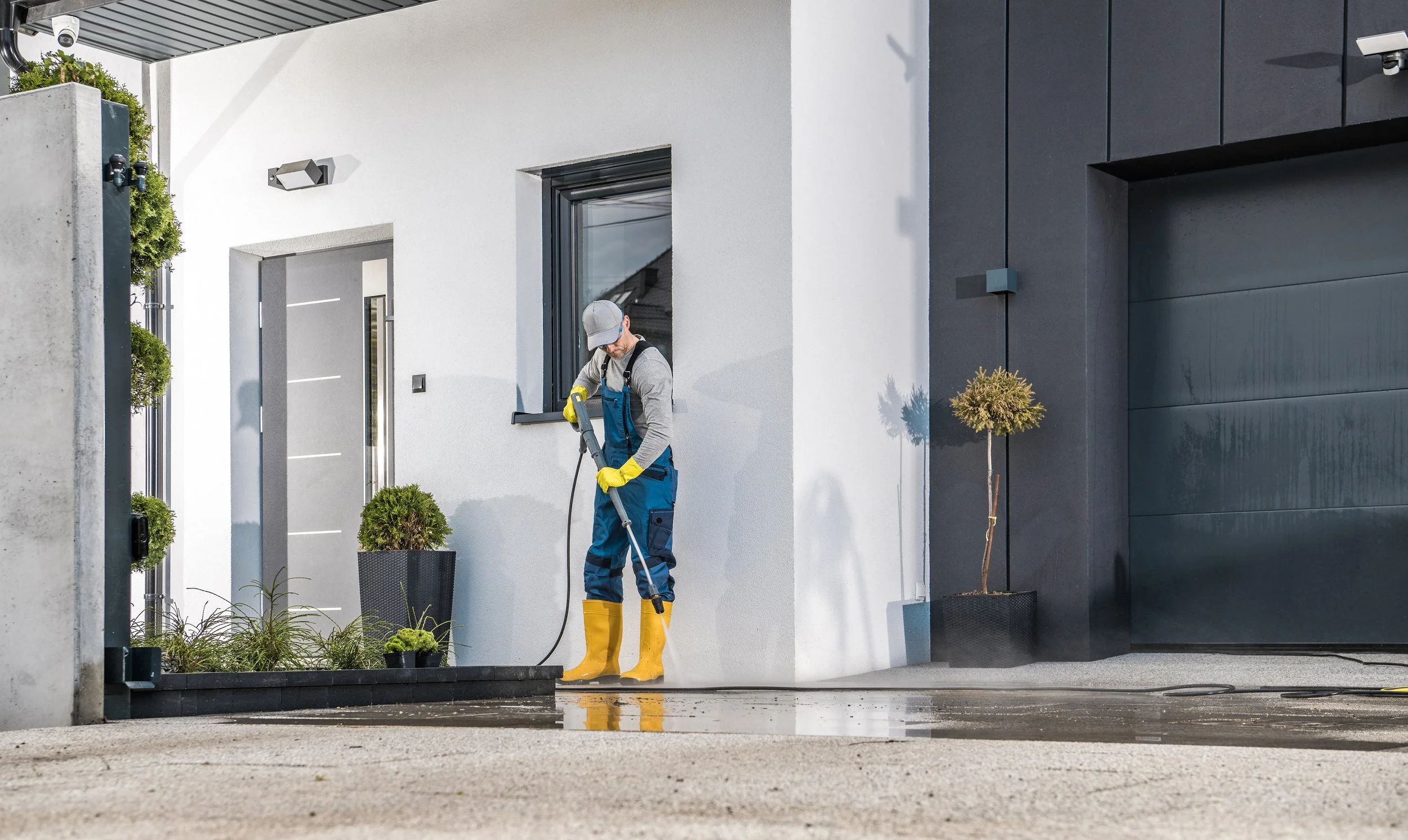 Mann beim Reinigen vor einer modernen Hausfassade. Er trägt gelbe Gummistiefel, blaue Arbeitshose, graues Oberteil, grauen Hut und gelbe Handschuhe, während er eine Reinigungsmaschine benutzt.