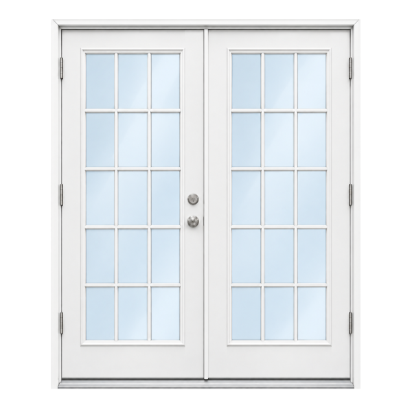 Porte double en verre avec cadre blanc et vitres divisées en sections