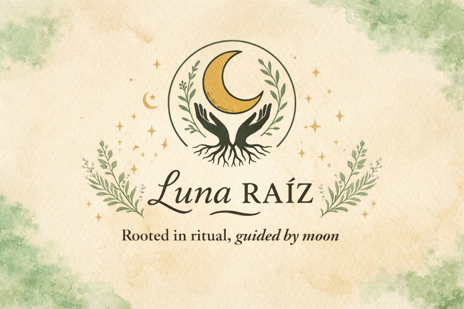 A logo with a crescent moon, hands, and roots, surrounded by stars and green leaves, with the text "Luna RAÍZ" and the subtitle "Rooted in ritual, guided by moon".