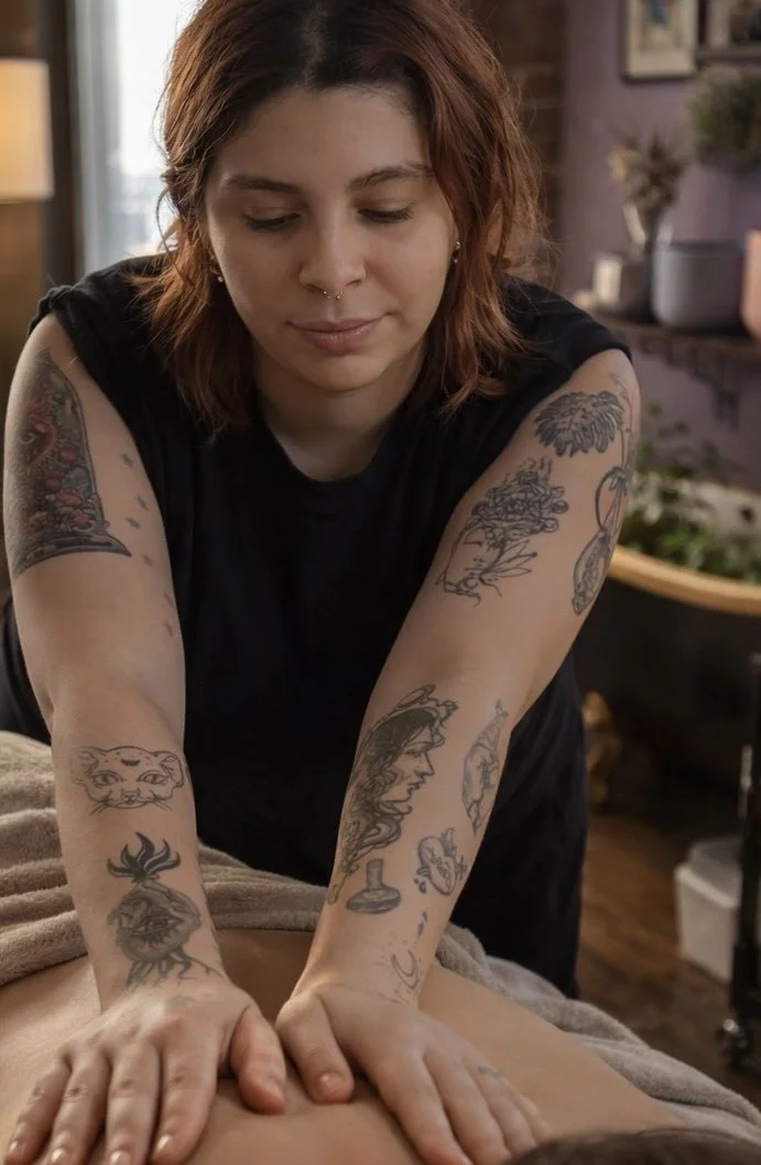 Woman with tattoos on arms giving a massage in a cozy, decorated room.