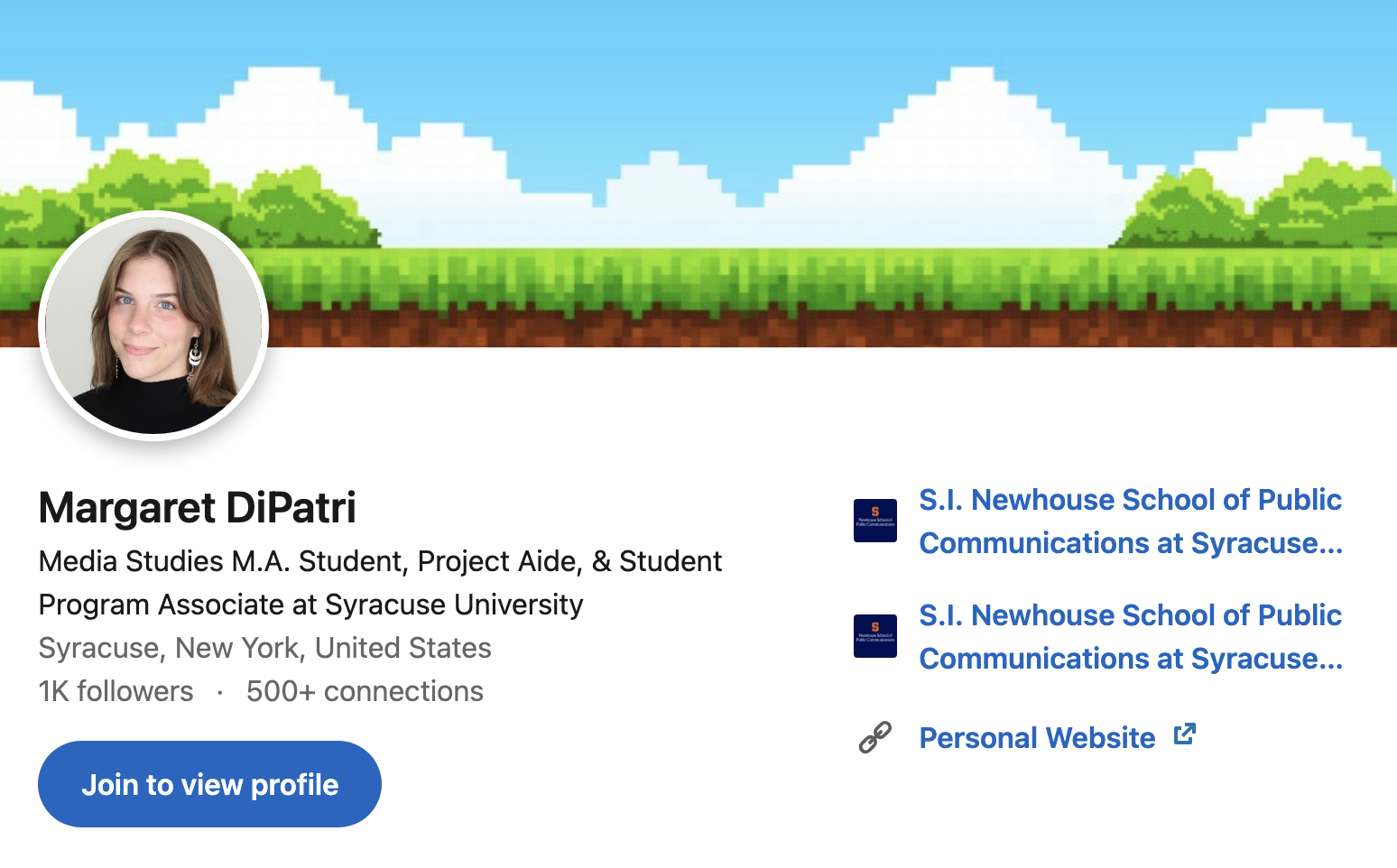 A screenshot of Margaret DiPatri's LinkedIn page. It features a photo of her (smiling white woman with long brown hair), and her profile reads "Media Studies M.A. Student, Project Aide, & Student Program Associate at Syracuse University."