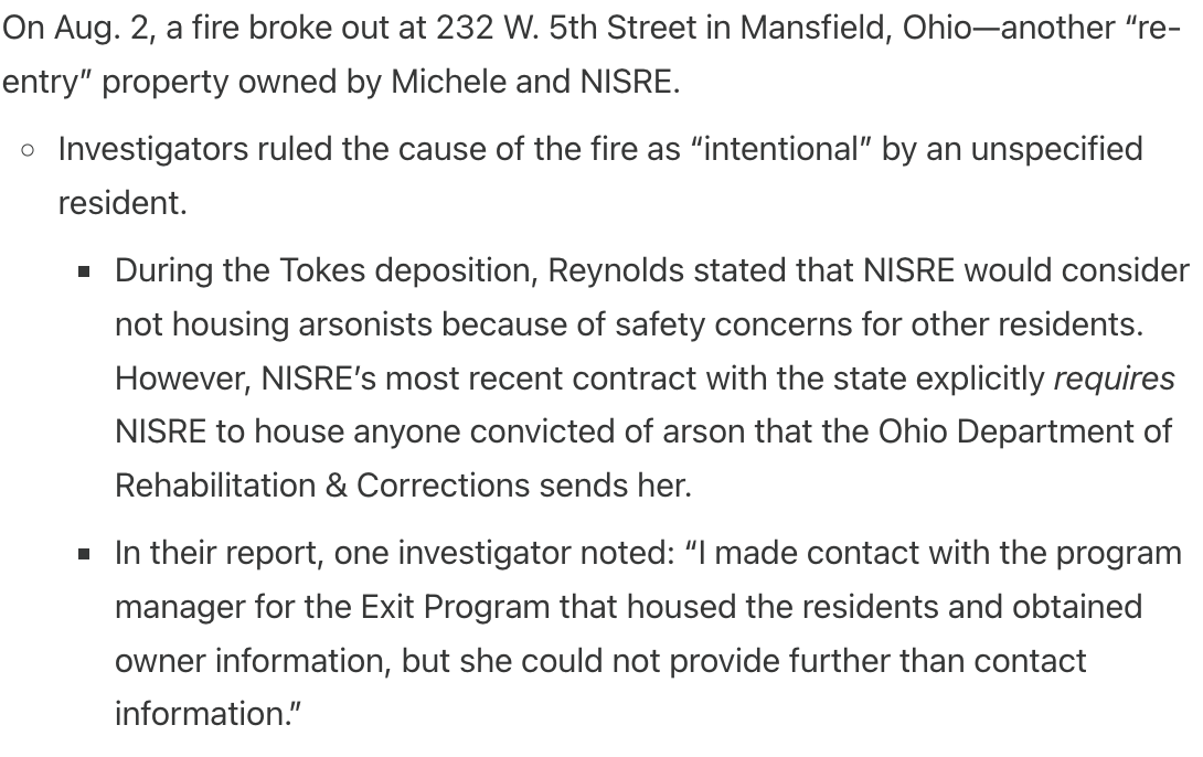 Text excerpt discussing a fire at 232 W. 5th Street in Mansfield, Ohio, owned by Michele and NISRE, ruled as intentional by investigators, with details on property management and investigative contacts.
