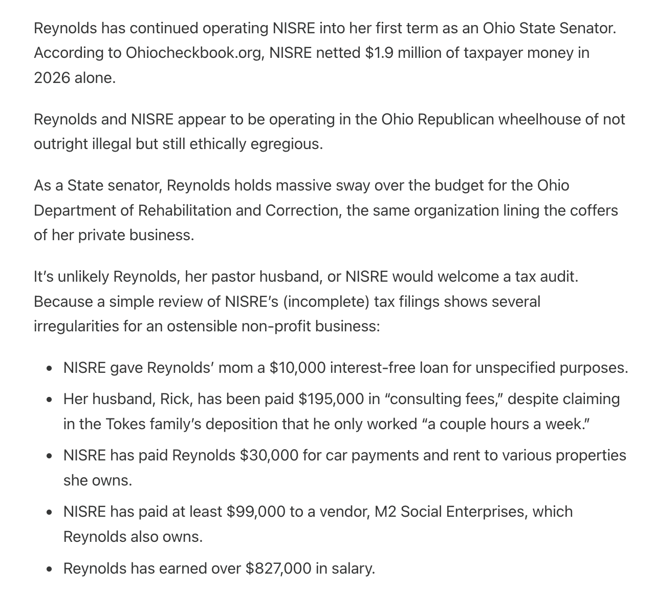 Text discussing Ohio State Senator Reynolds' connections with NISRE, her net worth, tax issues, and financial dealings.