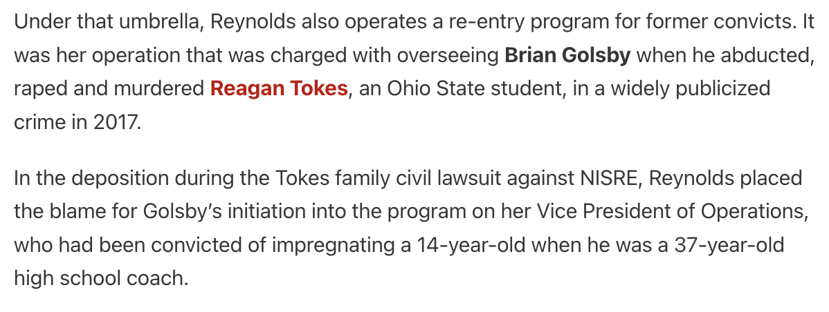 Text excerpt discussing Reynolds' re-entry program, Brian Golsby, and Reagan Tokes, with a mention of a civil lawsuit and a criminal case involving Golsby.
