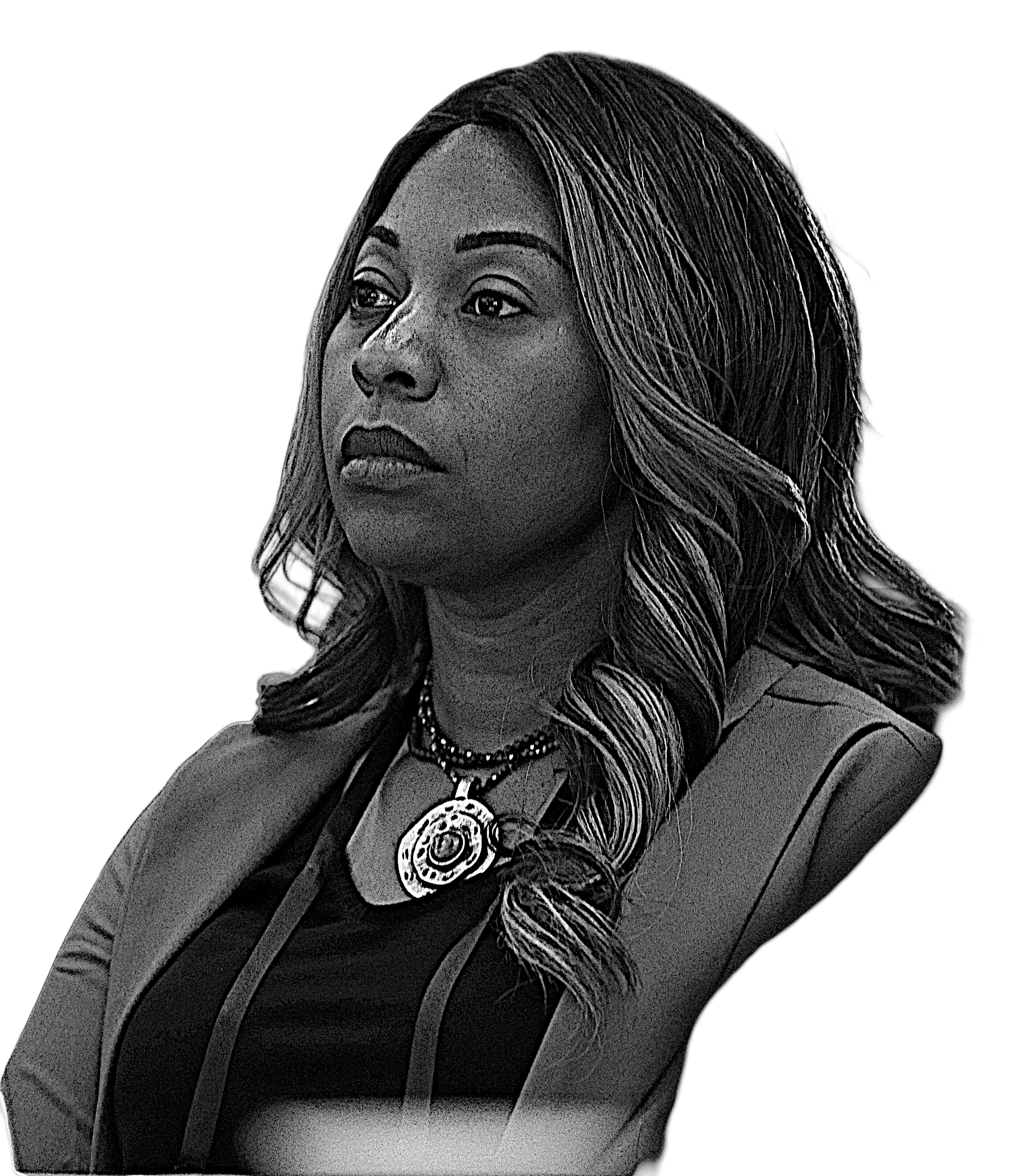 Black and white portrait of a Michele Reynolds with long hair, wearing a necklace and a shirt, looking away from the camera.