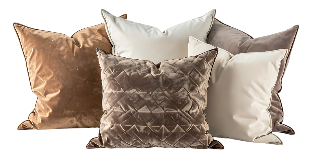 A collection of six decorative throw pillows in various shades of beige, brown, and cream, with different textures, arranged in a semi-circle.
