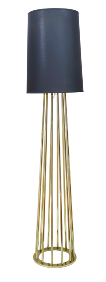 A modern floor lamp with a black cylindrical lampshade and a tall, gold-colored, open-frame conical base.