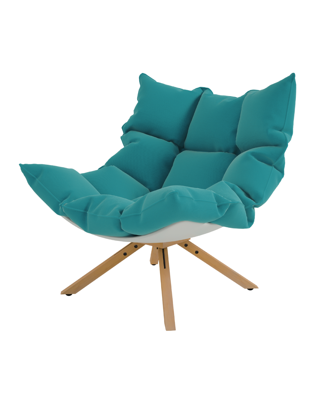 A turquoise cushioned chair with a wooden base and multiple plush pillows.