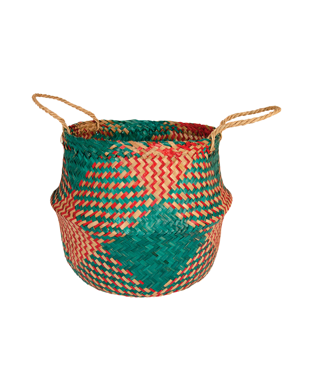 Colorful woven basket with red, green, and natural fibers, with two handles.