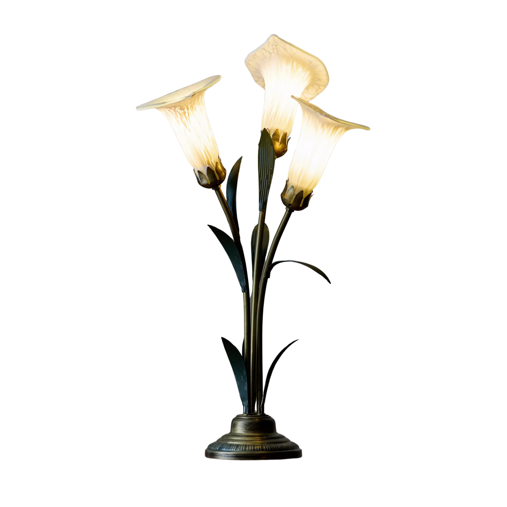 White calla lily lamp with elongated stems and broad, flat caps, placed on a metallic base.