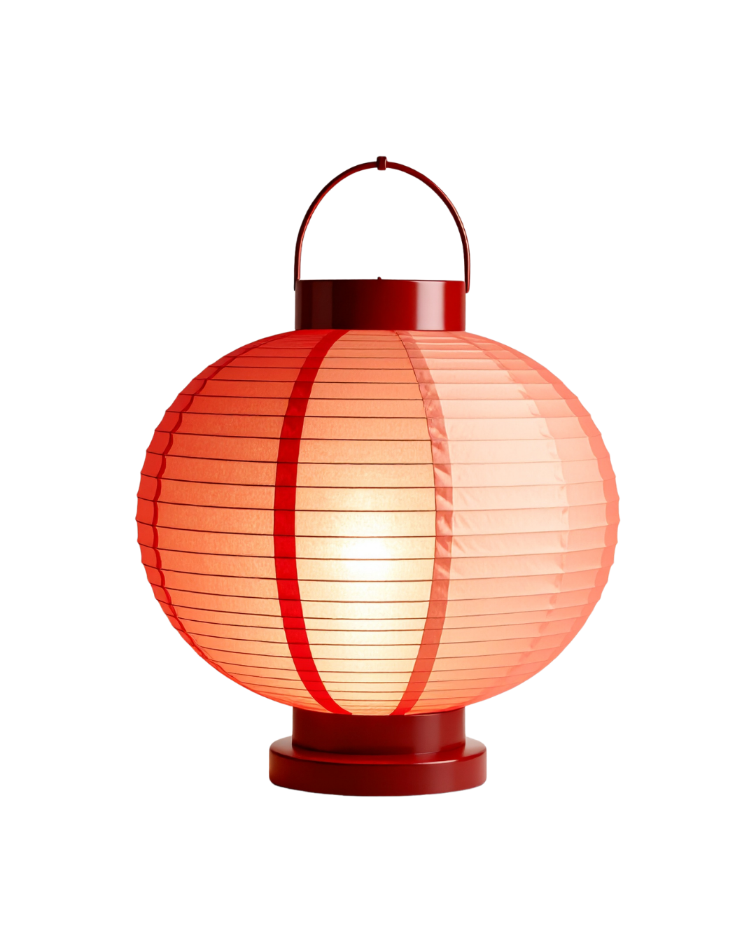 Red paper lantern with glowing light inside, isolated on black background.