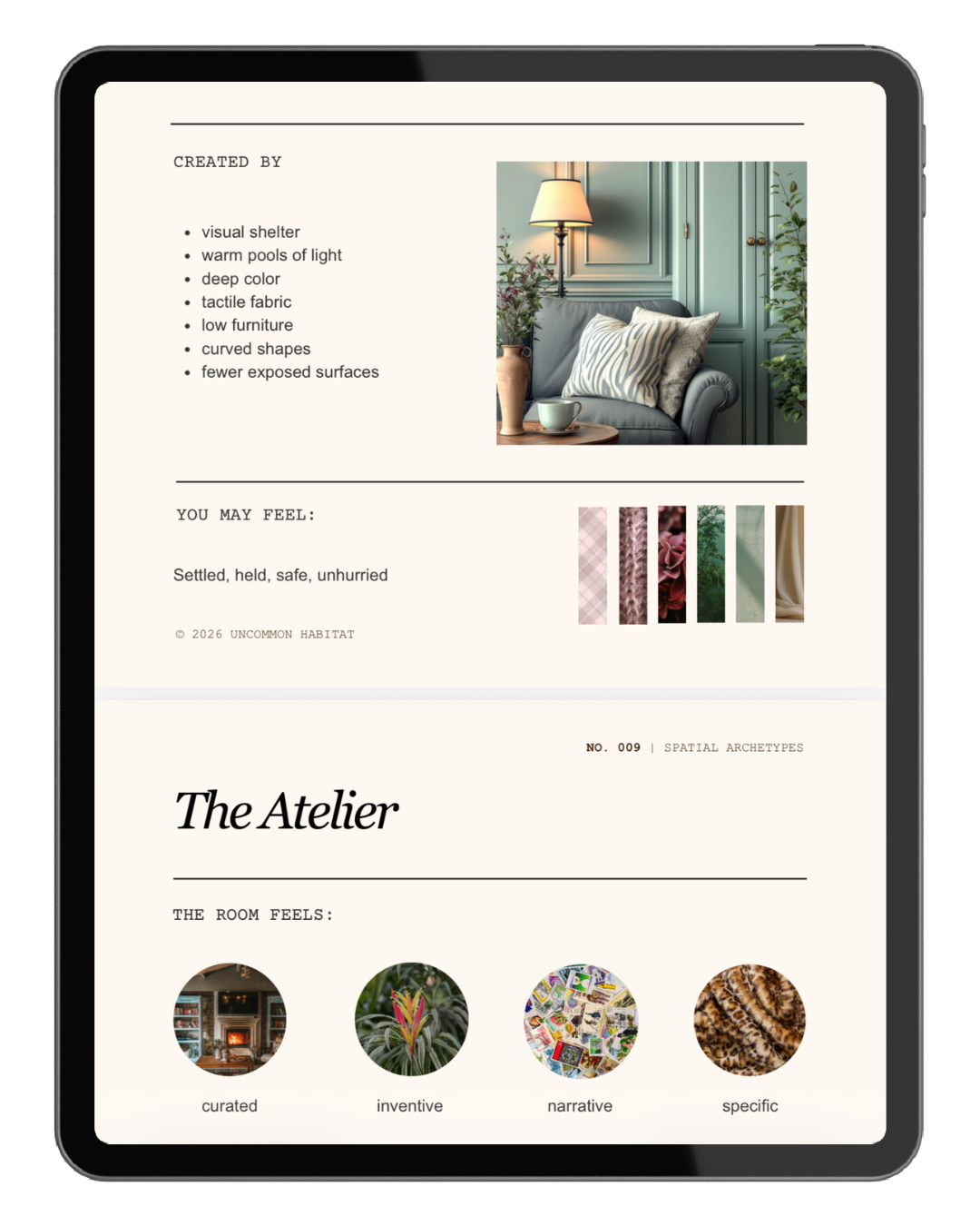 Screenshot of a digital interior design mood board displaying various room design elements, color palettes, and descriptions.