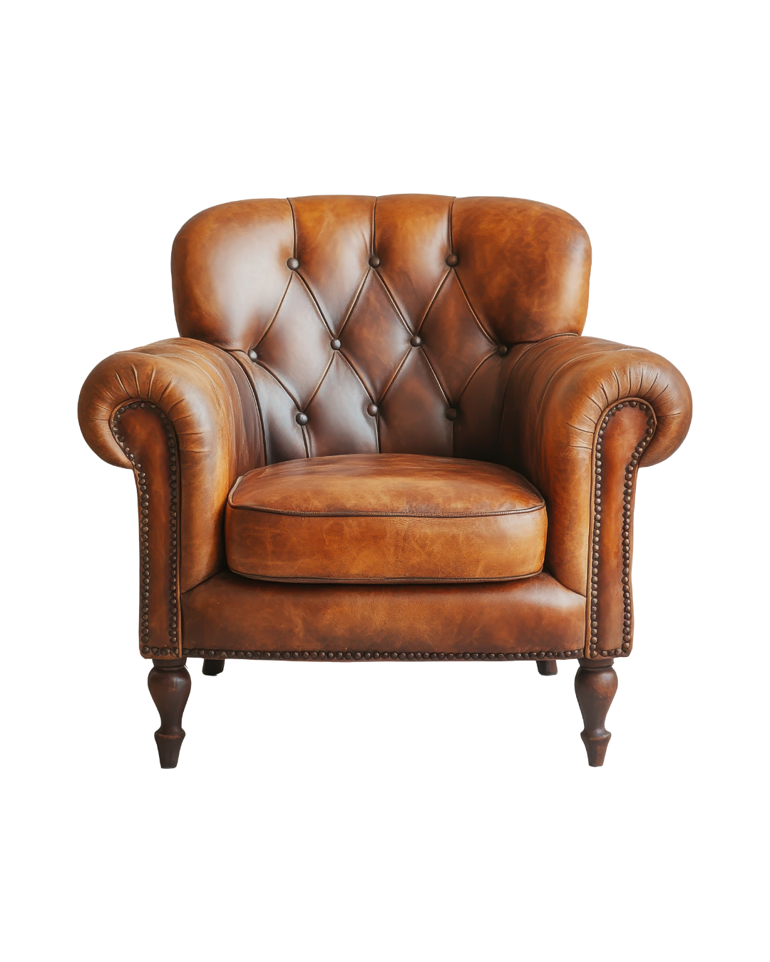 Brown leather armchair with tufted backrest and rolled arms.