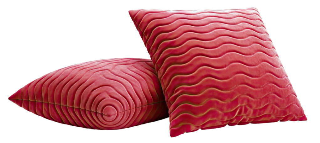 Two red velvet pillows with textured wave patterns, one slightly overlapping the other.