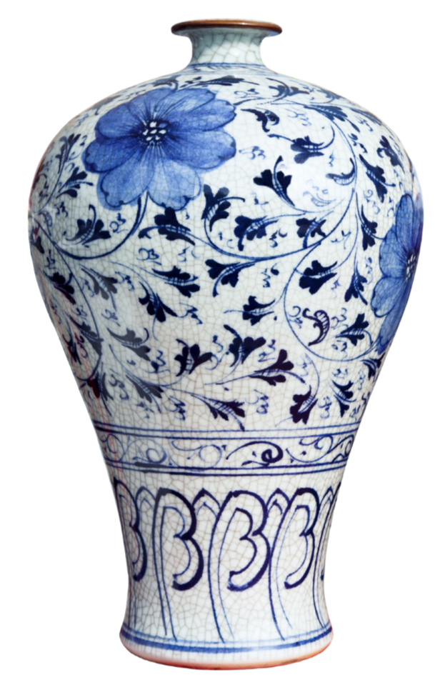 A white ceramic vase with blue floral and decorative patterns, featuring large flowers and intricate designs.