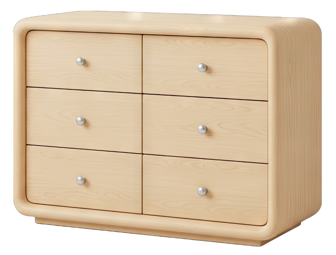 Light-colored wooden dresser with six drawers and metallic knobs.