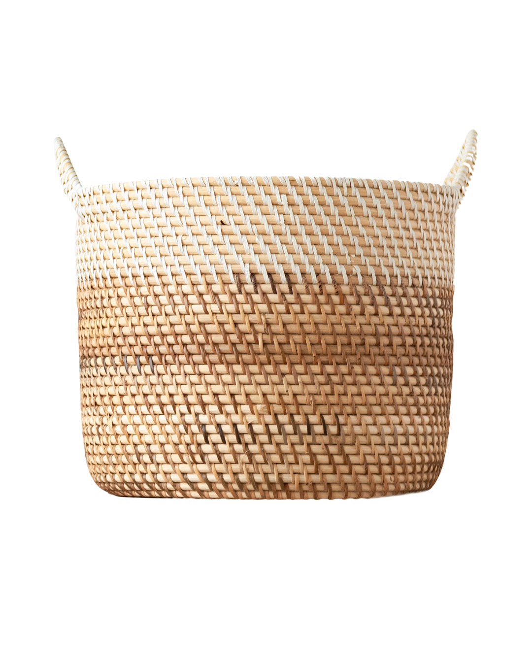 A woven basket with a natural tan and white pattern, cylindrical in shape with slightly flared sides.