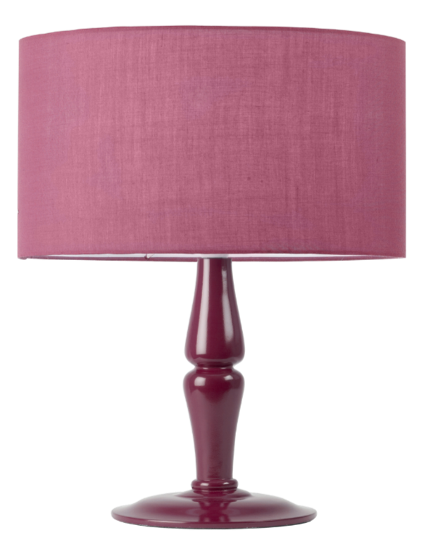 A pink table lamp with a fabric shade and a glossy pink base.