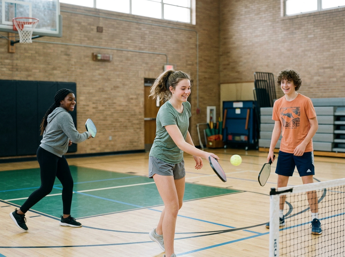 Kids playing pickleball at Ingersoll Athletics, learning in recreational environment. Learning to play pickleball, the rules with youth.