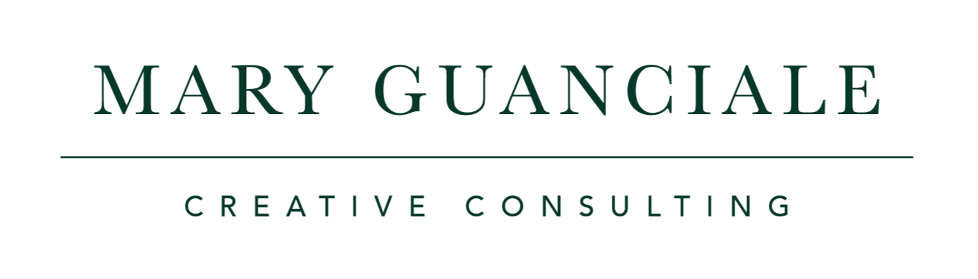 Logo for Mary Guanciale Creative Consulting featuring name in large green text and a horizontal line underneath, with the words 'Creative Consulting' in smaller green text below.