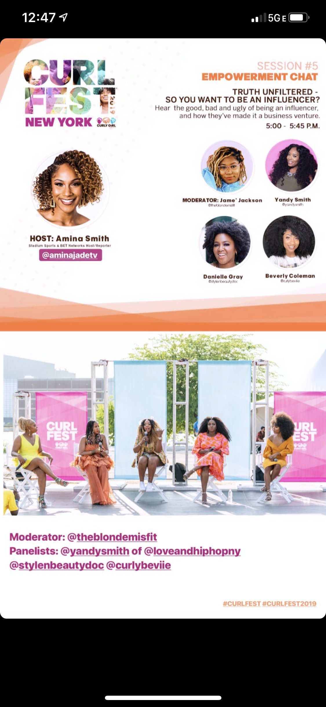 Event flyer for Curl Fest New York featuring panel discussion on influencer careers, with headshots and names of host Amina Smith, moderator Jame' Jackson, and panelists Yandy Smith, Danielle Gray, and Beverly Coleman, and a group of women sitting on a stage with pink banners displaying Curl Fest branding.
