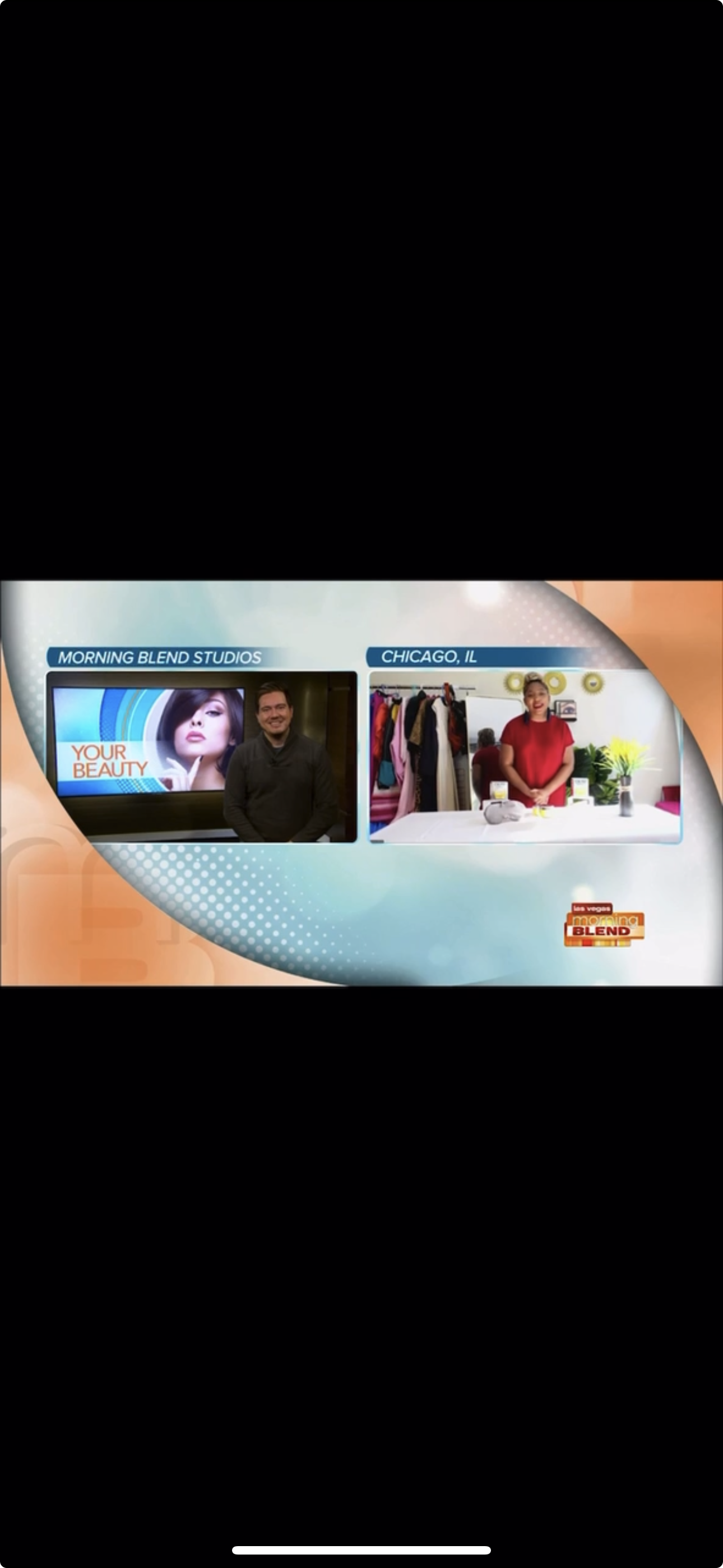 Television screen displaying a morning TV show segment titled 'Your Beauty' with a male host and a female guest in a clothing store, with the labels 'Morning Blend Studios' and 'Chicago, IL'.