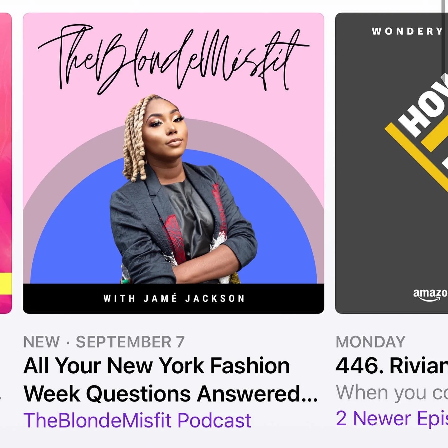 Promotional graphic for The Blonde Misfit Podcast featuring a woman with blonde twists in a jacket, with pink, purple, and blue background and handwritten style text.