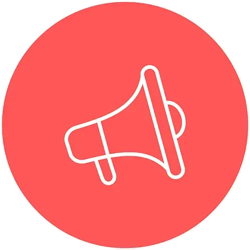 Icon of a white megaphone inside a red circular background.