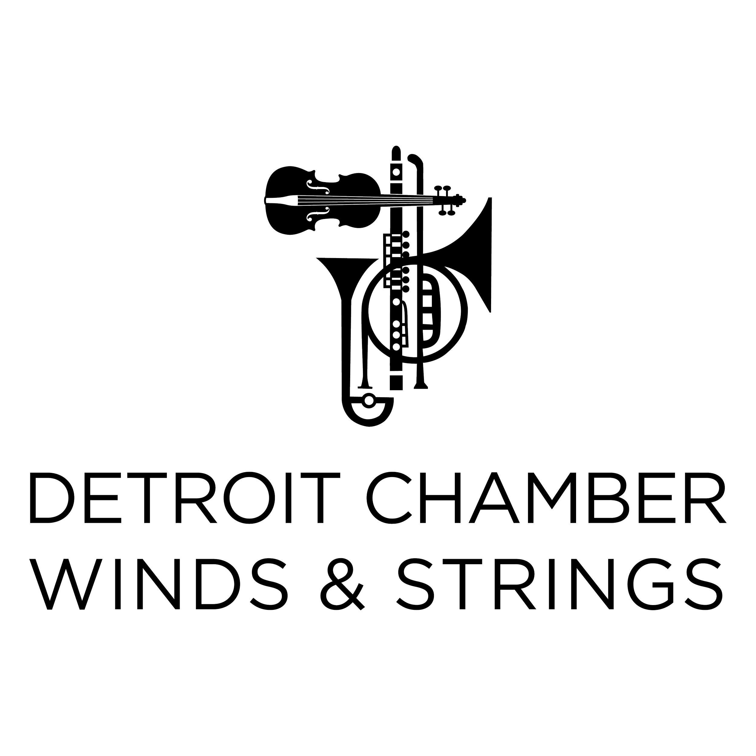 Black background with white outline of a violin and part of a music stand, with text reading '# DETROIT CHAMBER WINS & STRINGS'.