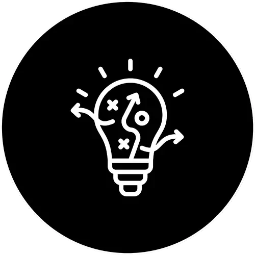 Icon of a light bulb with a strategic plan inside, including arrows and X marks, on a black circular background.