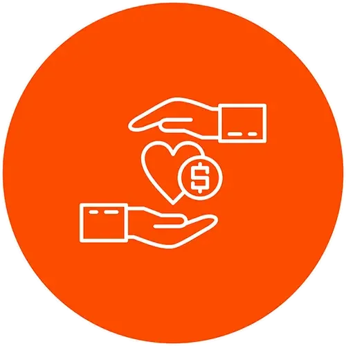Outline icons of a hand holding a heart with a dollar sign, and another hand above it, on an orange circular background.