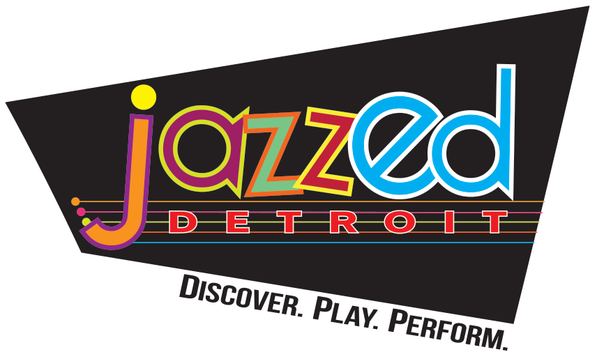 Colorful logo for Jazzed Detroit with the slogan "Discover. Play. Perform." on a black background.