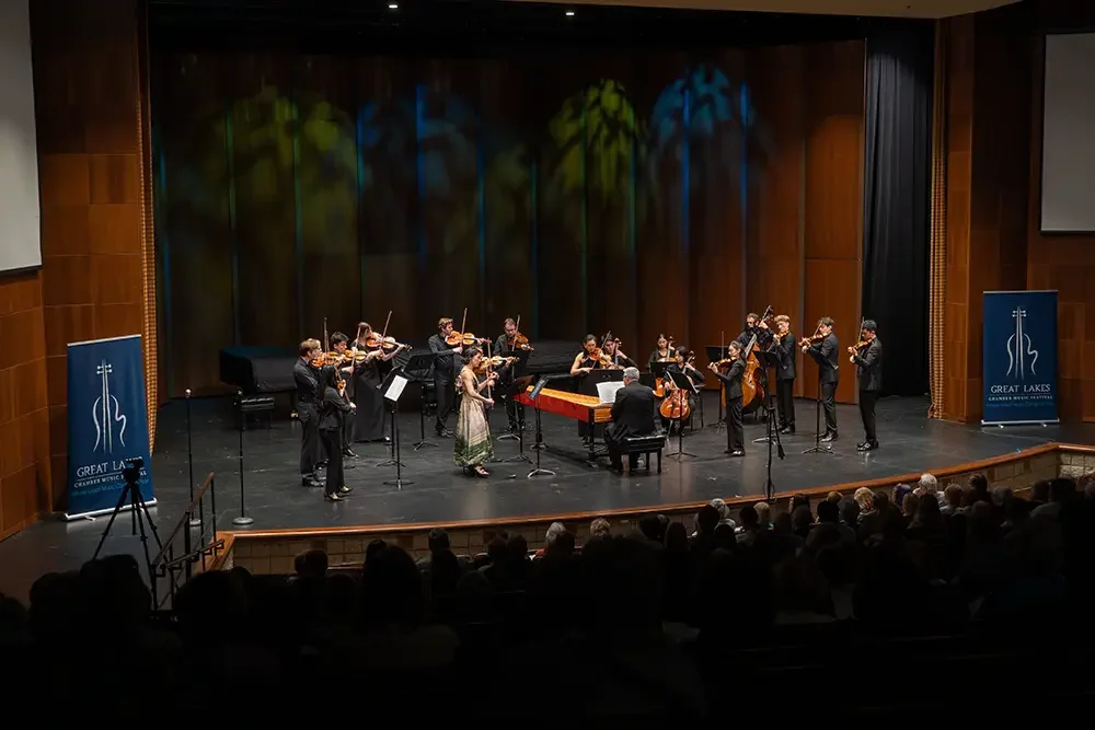 Orchestra performing on stage in a concert hall with audience watching