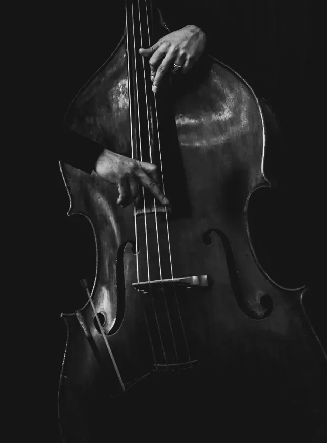 A person playing a double bass, with their hand on the fingerboard and bowing the strings, in a black and white photograph.