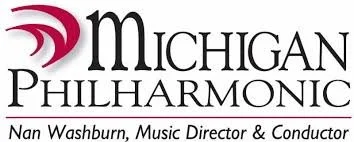 Logo of Michigan Philharmonic featuring a stylized musical note and text including 'Nan Washburn, Music Director & Conductor'.