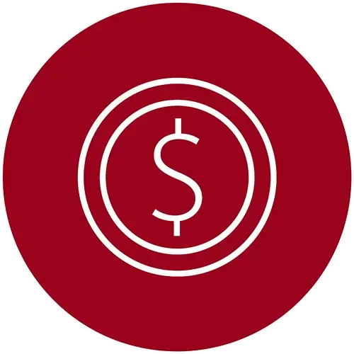 White outline of a dollar sign inside a circle, on a red circular background.
