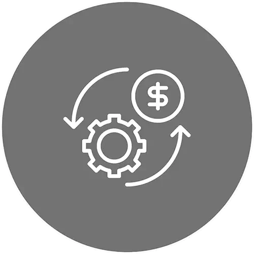 Icon of a gear with circular arrows and a dollar sign, representing financial or business cycle or process.
