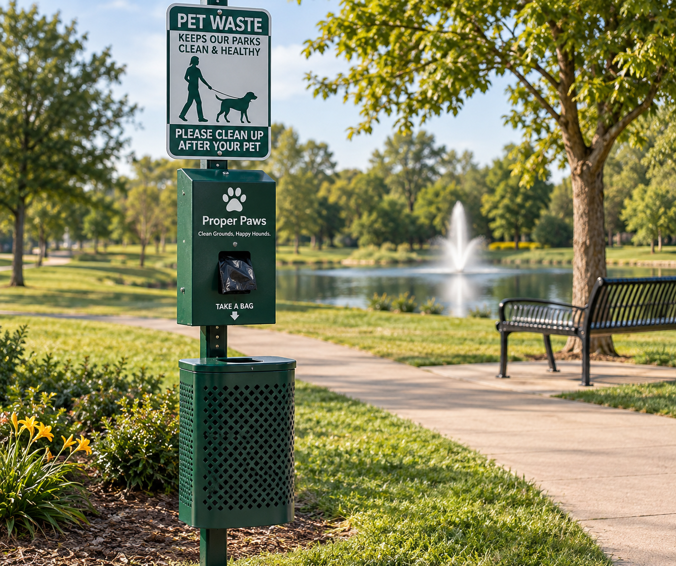 Commercial pet waste station for waste removal, maintenance, and bag replenishment.